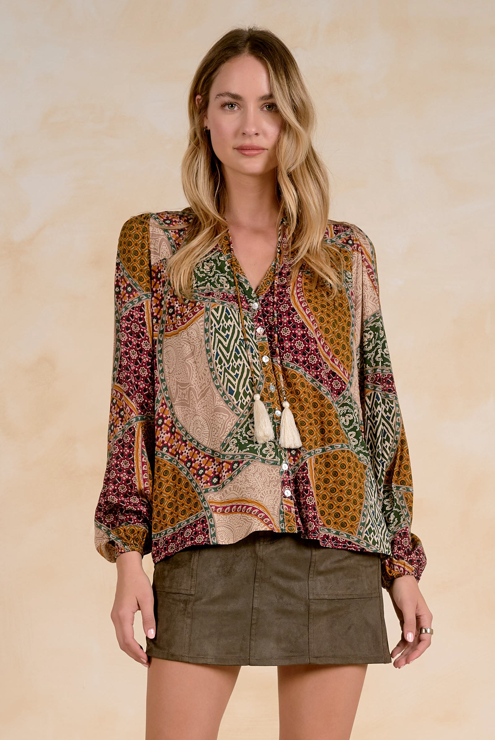 Elan Taupe Ember Patchwork Boho Blouse-shirts-elan-Deja Nu Boutique, Women's Fashion Boutique in Lampasas, Texas