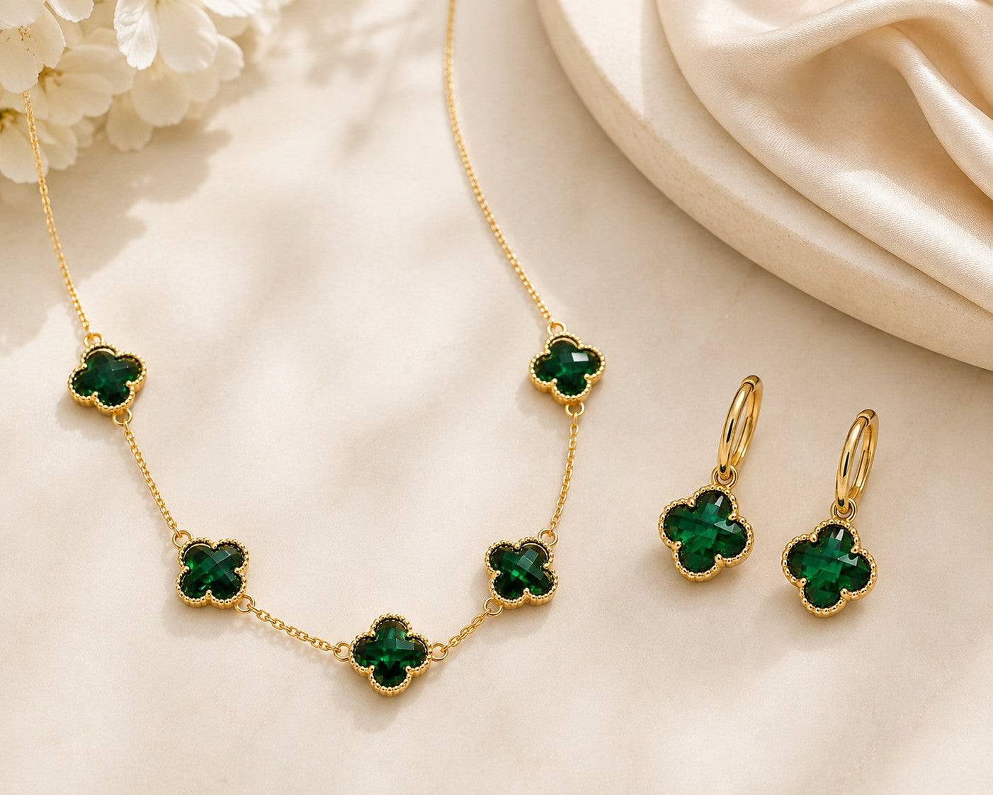Emerald Crystal Clover Necklace & Earring Set-Necklace Set-Deja Nu-Deja Nu Boutique, Women's Fashion Boutique in Lampasas, Texas