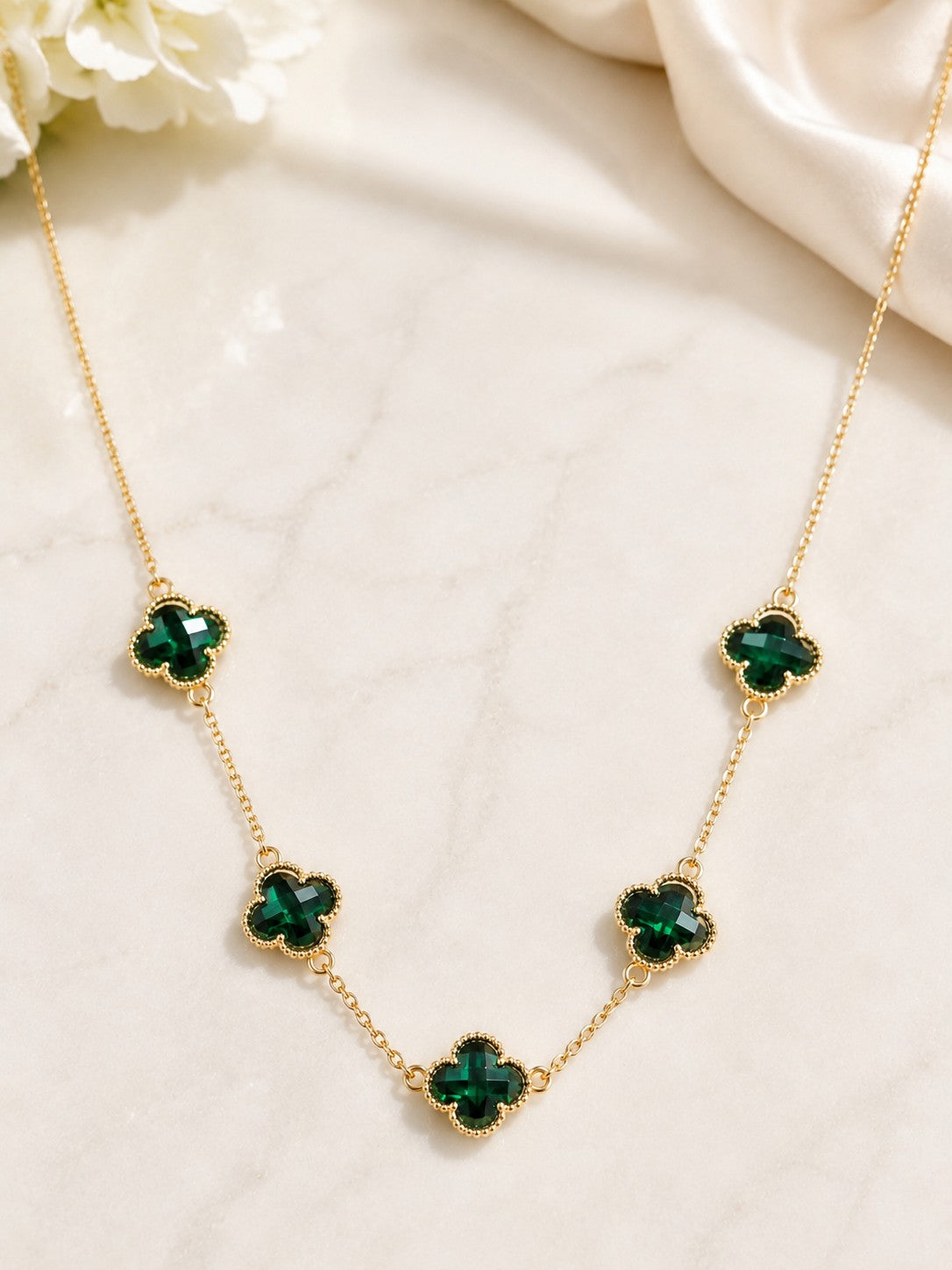 Emerald Crystal Clover Necklace & Earring Set-Necklace Set-Deja Nu-Deja Nu Boutique, Women's Fashion Boutique in Lampasas, Texas