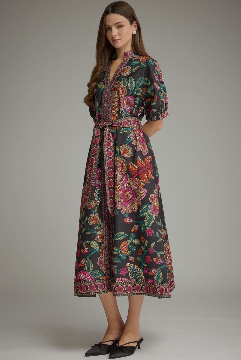 Entro Floral Border Print Belted Midi Dress in Black-Midi Dresses-entro-Deja Nu Boutique, Women's Fashion Boutique in Lampasas, Texas