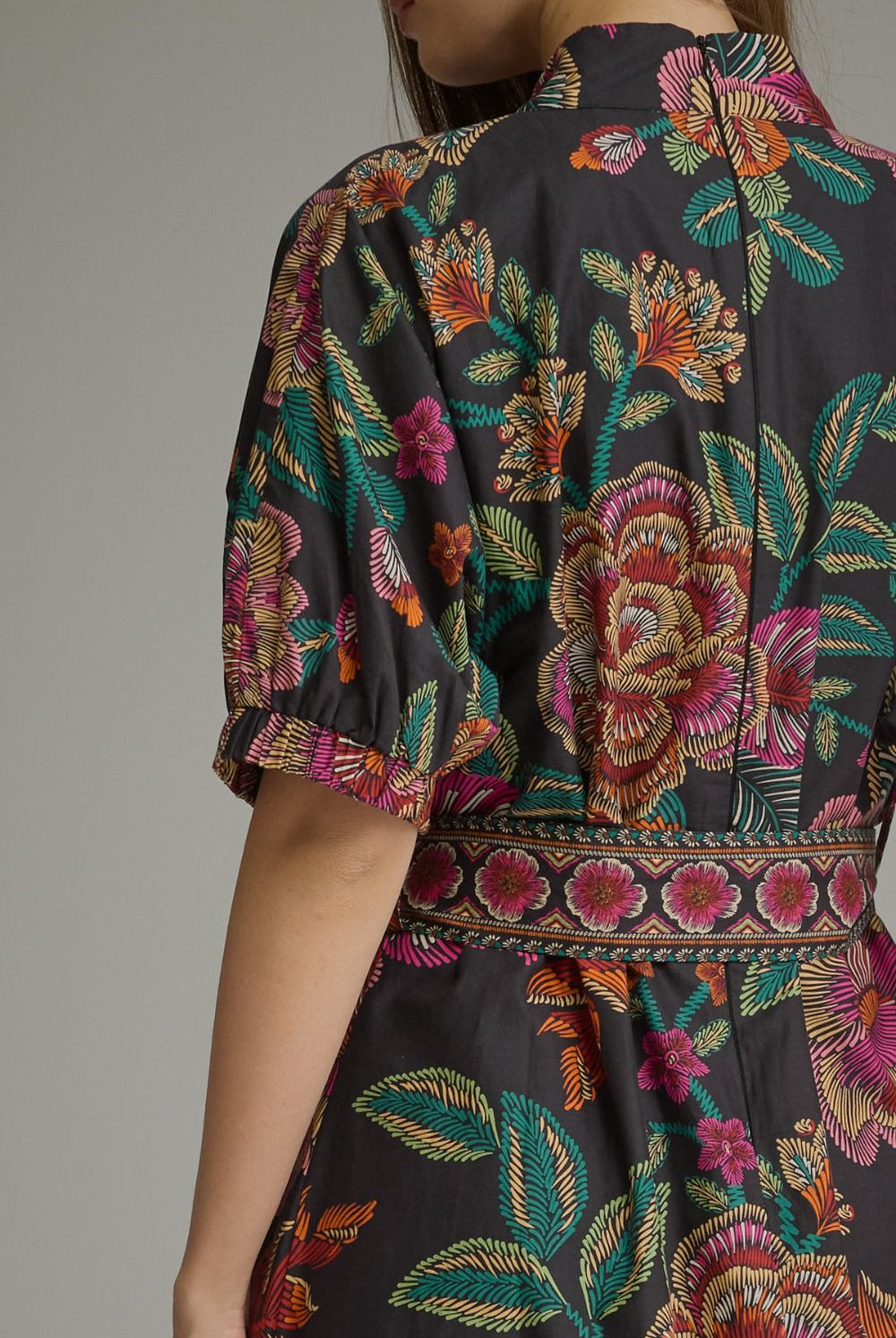 Entro Floral Border Print Belted Midi Dress in Black-Midi Dresses-entro-Deja Nu Boutique, Women's Fashion Boutique in Lampasas, Texas
