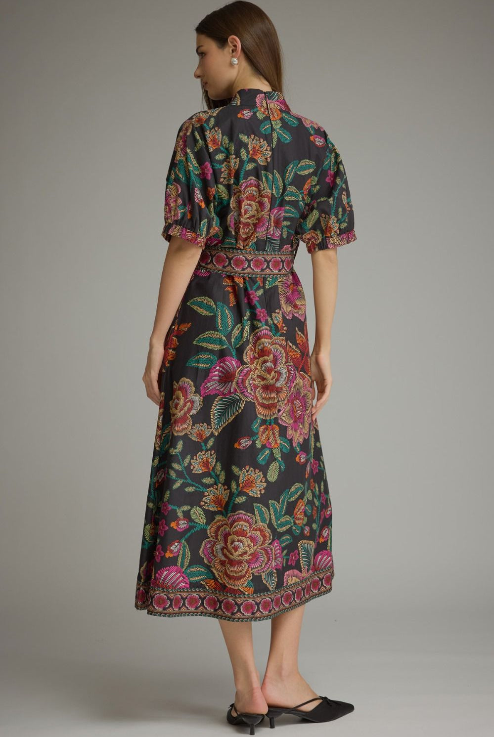 Entro Floral Border Print Belted Midi Dress in Black-Midi Dresses-entro-Deja Nu Boutique, Women's Fashion Boutique in Lampasas, Texas