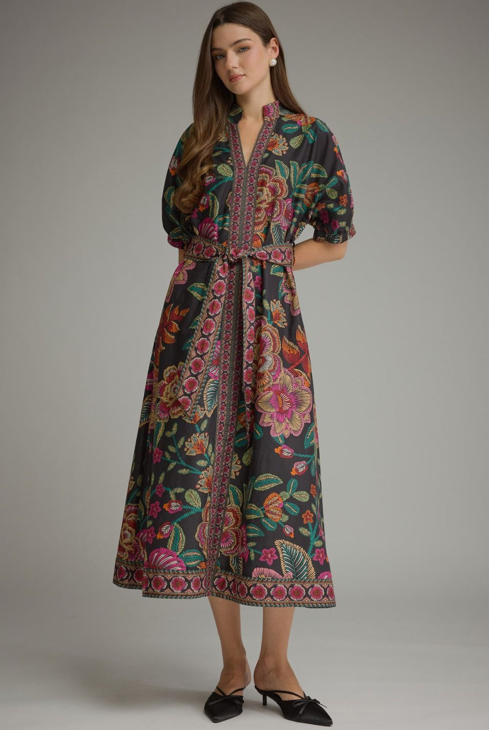Entro Floral Border Print Belted Midi Dress in Black-Midi Dresses-entro-Deja Nu Boutique, Women's Fashion Boutique in Lampasas, Texas