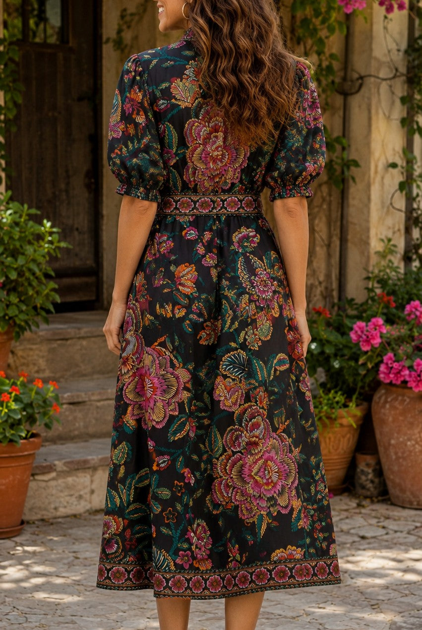 Entro Floral Border Print Belted Midi Dress in Black-Midi Dresses-entro-Deja Nu Boutique, Women's Fashion Boutique in Lampasas, Texas