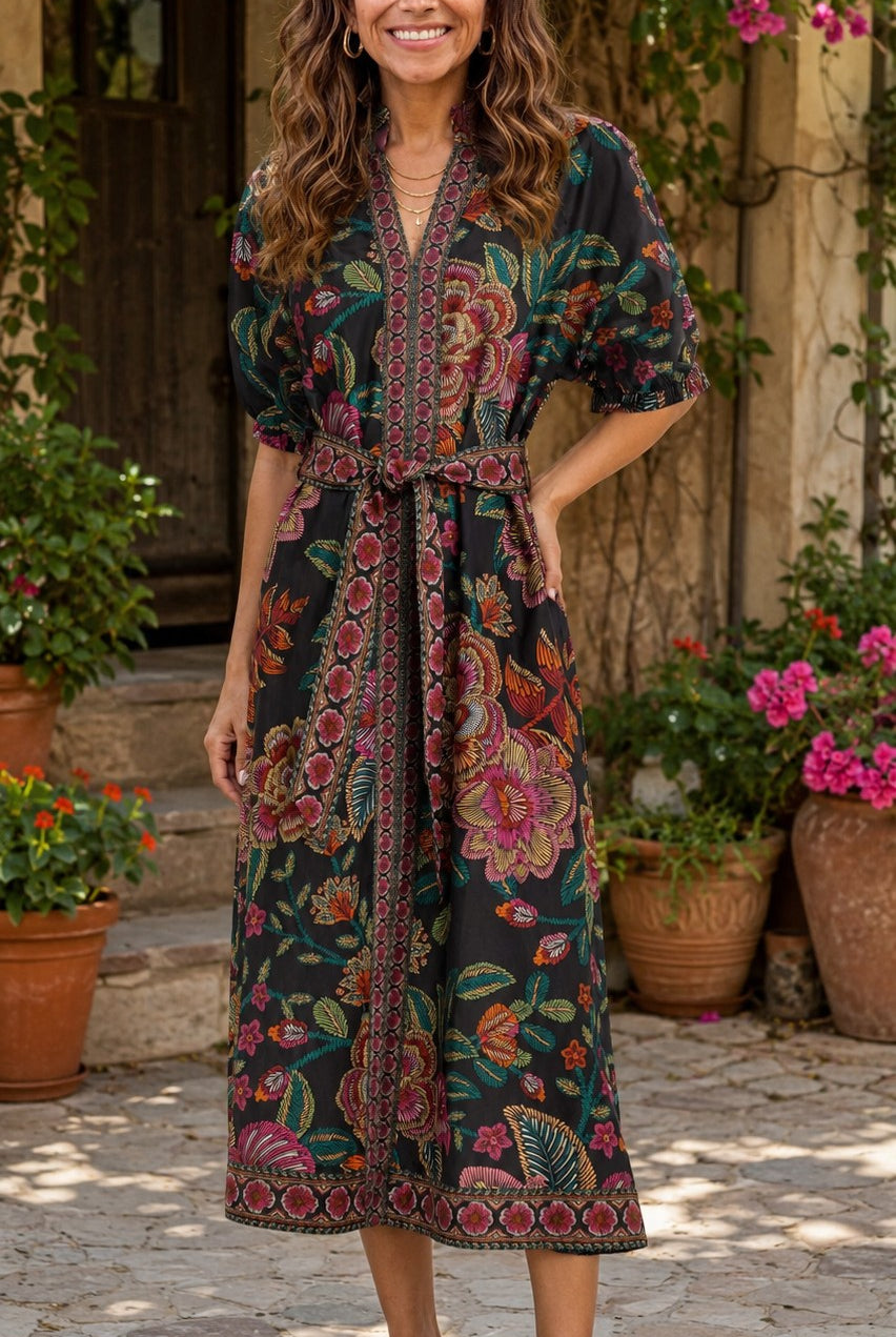 Entro Floral Border Print Belted Midi Dress in Black-Midi Dresses-entro-Deja Nu Boutique, Women's Fashion Boutique in Lampasas, Texas