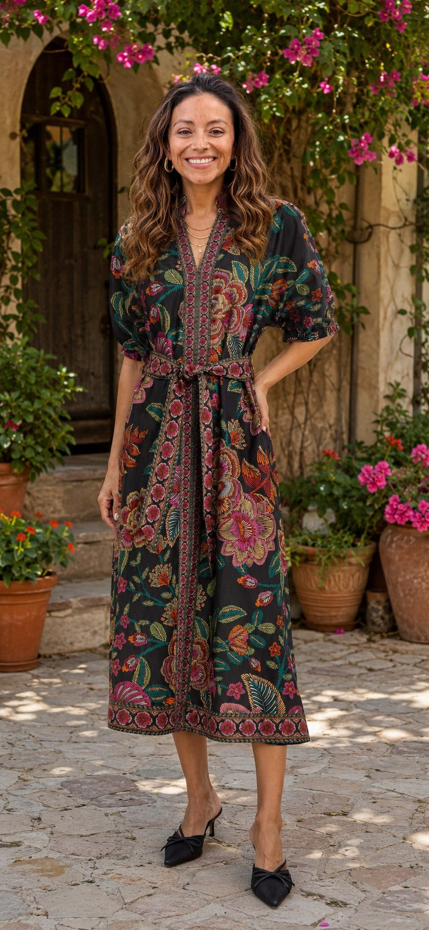 Entro Floral Border Print Belted Midi Dress in Black-Midi Dresses-entro-Deja Nu Boutique, Women's Fashion Boutique in Lampasas, Texas