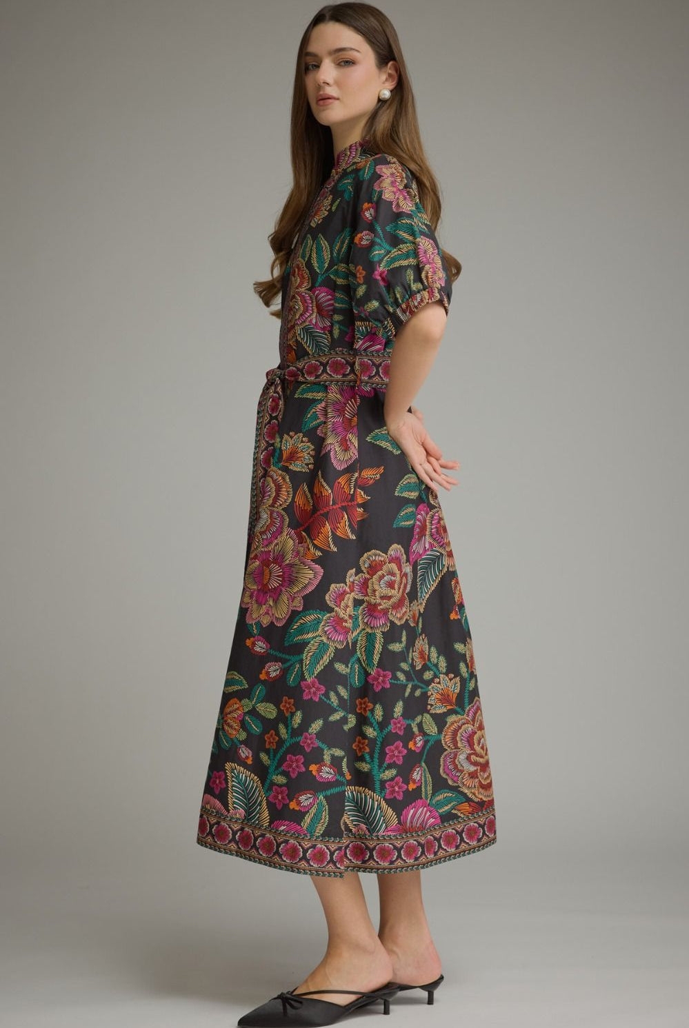 Entro Floral Border Print Belted Midi Dress in Black-Midi Dresses-entro-Deja Nu Boutique, Women's Fashion Boutique in Lampasas, Texas