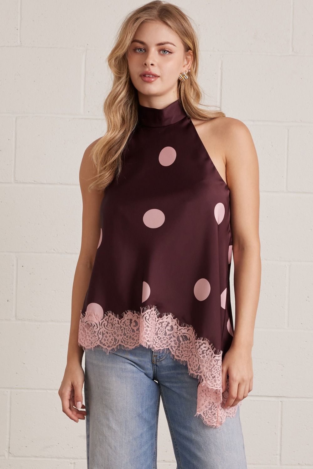 Entro Blush Dot Lace Halter Top-Lace Top-Entro-Deja Nu Boutique, Women's Fashion Boutique in Lampasas, Texas