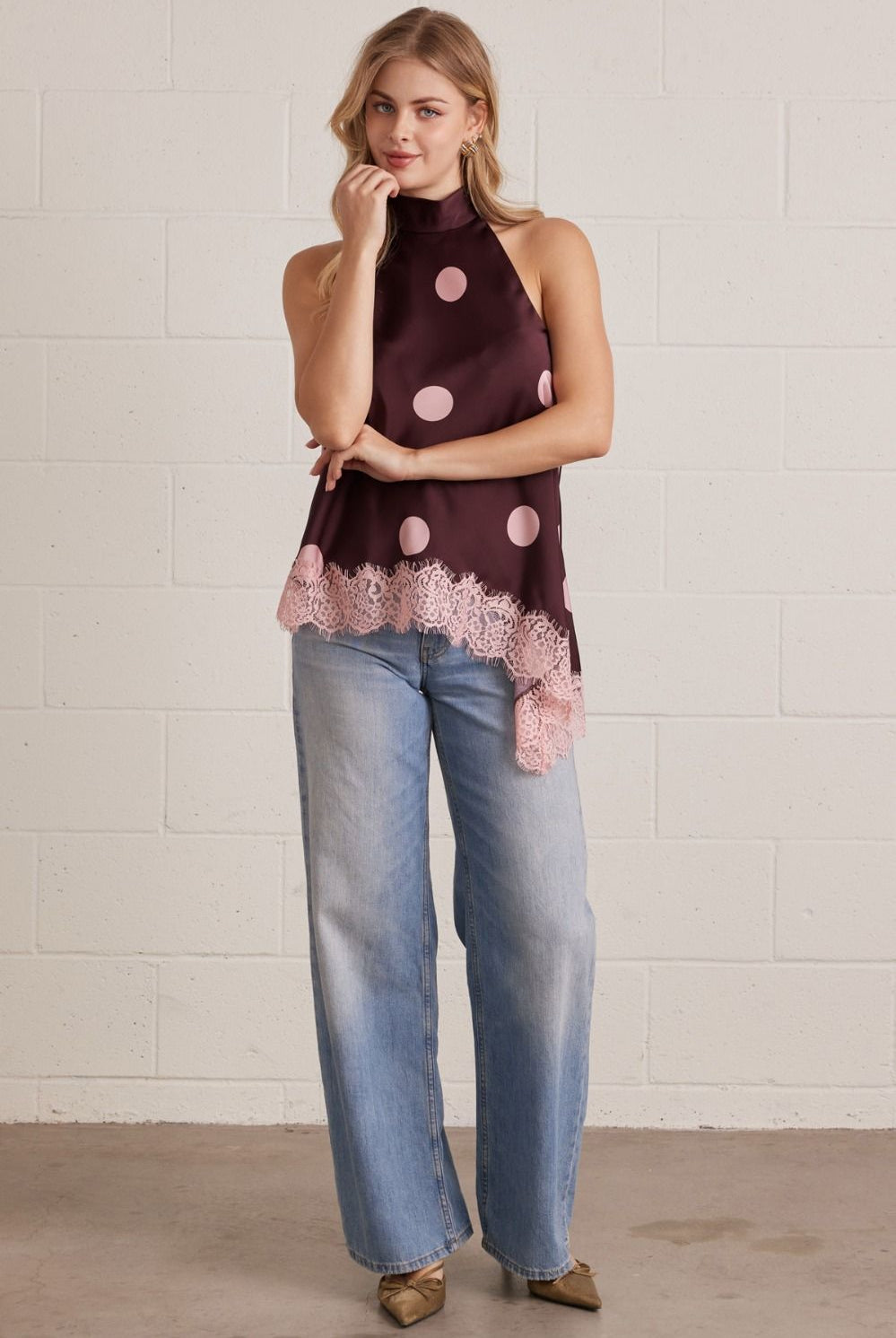 Entro Blush Dot Lace Halter Top-Lace Top-Entro-Deja Nu Boutique, Women's Fashion Boutique in Lampasas, Texas
