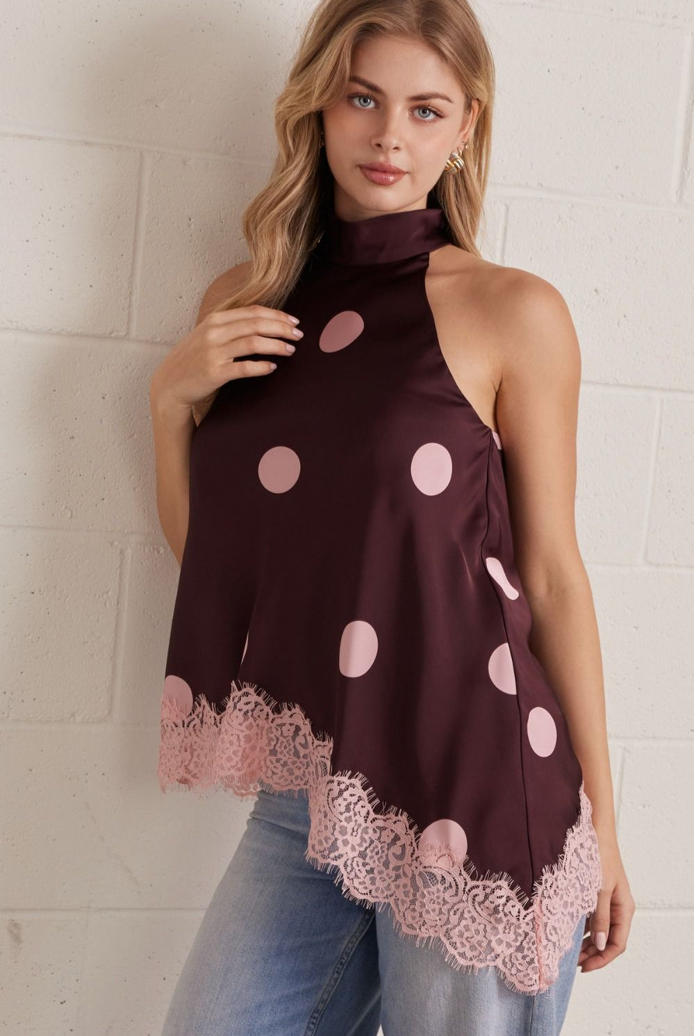 Entro Blush Dot Lace Halter Top-Lace Top-Entro-Deja Nu Boutique, Women's Fashion Boutique in Lampasas, Texas