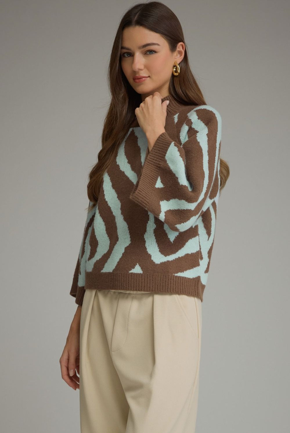 Entro Brown & Aqua Abstract Zebra Print Sweater-Sweaters-entro-Deja Nu Boutique, Women's Fashion Boutique in Lampasas, Texas