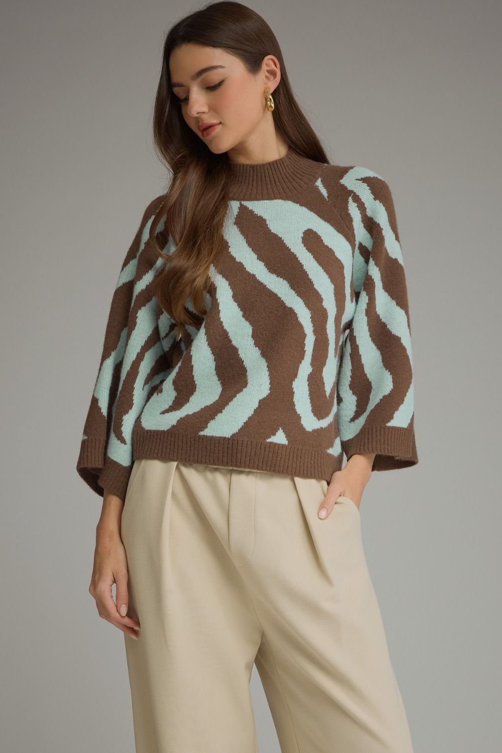 Entro Brown & Aqua Abstract Zebra Print Sweater-Sweaters-entro-Deja Nu Boutique, Women's Fashion Boutique in Lampasas, Texas