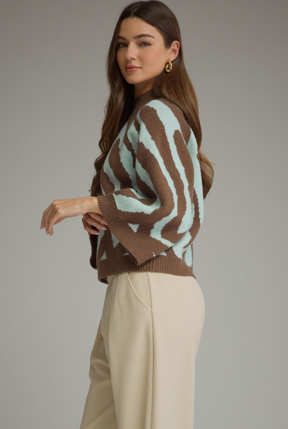 Entro Brown & Aqua Abstract Zebra Print Sweater-Sweaters-entro-Deja Nu Boutique, Women's Fashion Boutique in Lampasas, Texas