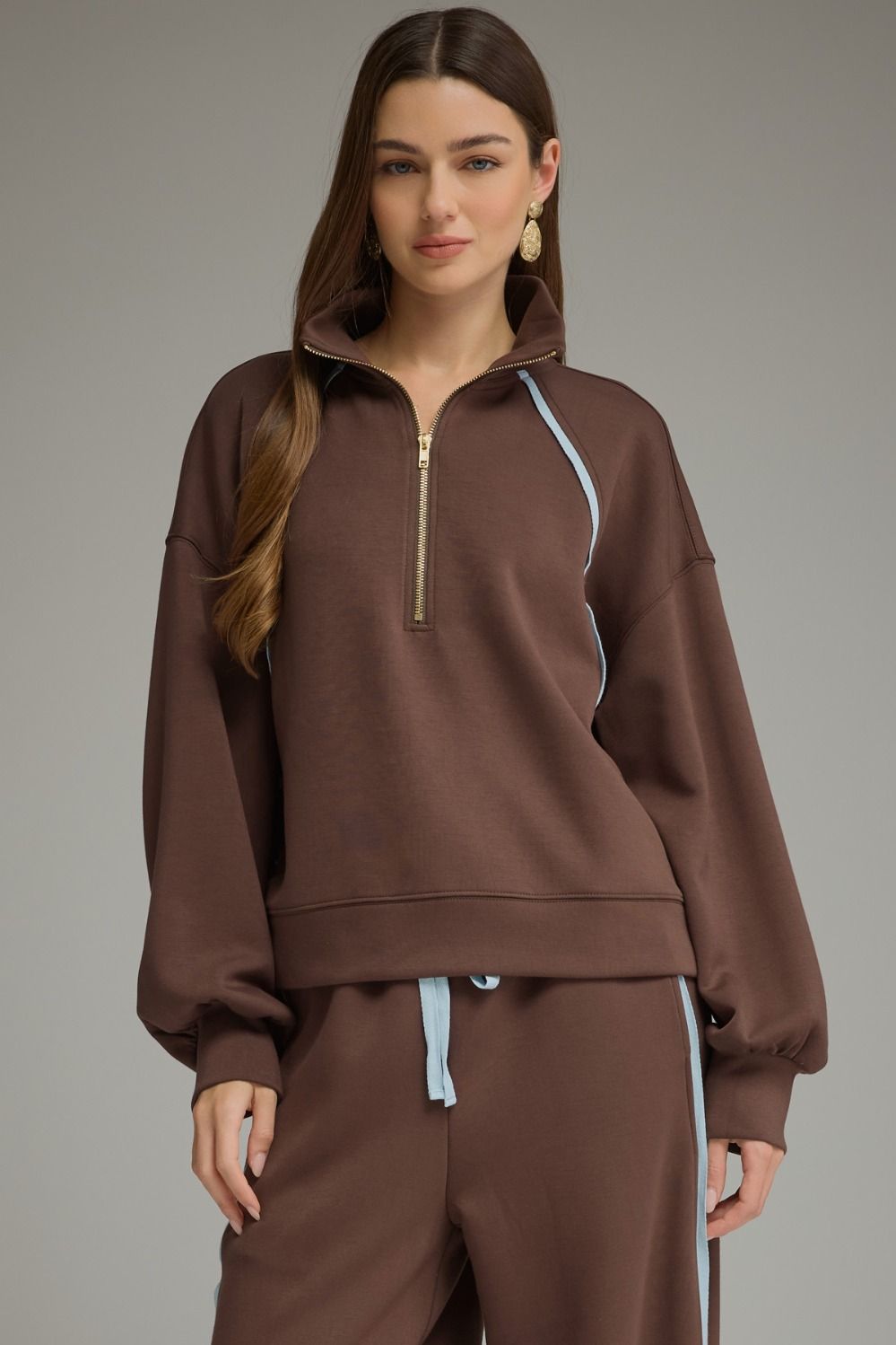 Entro Brown Contrast Piping Half-Zip Pullover-sweatshirt-entro-Deja Nu Boutique, Women's Fashion Boutique in Lampasas, Texas