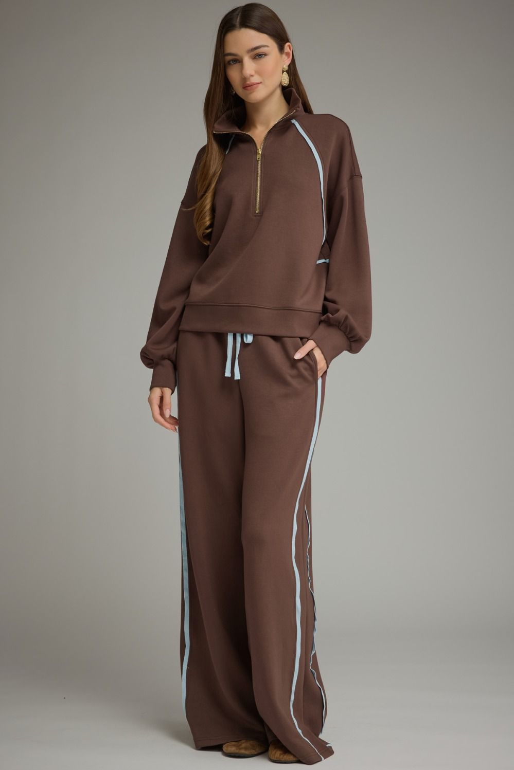 Entro Brown Contrast Piping Half-Zip Pullover-sweatshirt-entro-Deja Nu Boutique, Women's Fashion Boutique in Lampasas, Texas