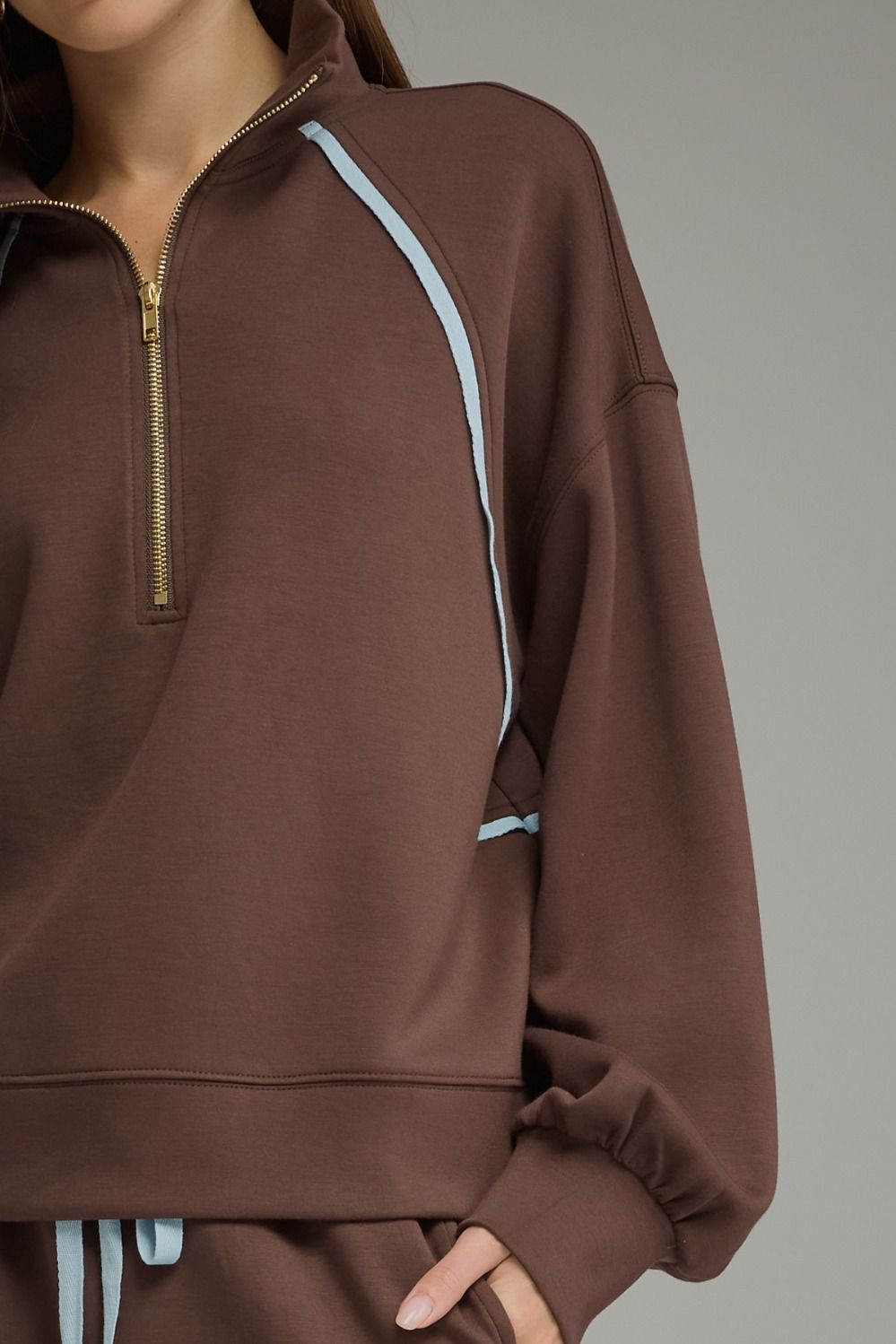 Entro Brown Contrast Piping Half-Zip Pullover-sweatshirt-entro-Deja Nu Boutique, Women's Fashion Boutique in Lampasas, Texas