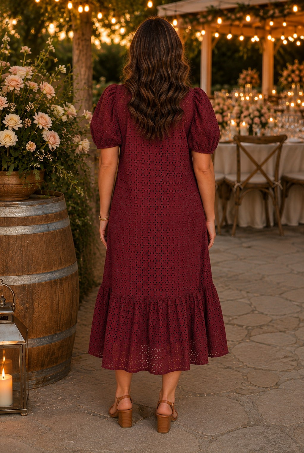 Entro Burgundy Eyelet Puff Sleeve Midi Dress-Midi Dresses-Entro-Deja Nu Boutique, Women's Fashion Boutique in Lampasas, Texas
