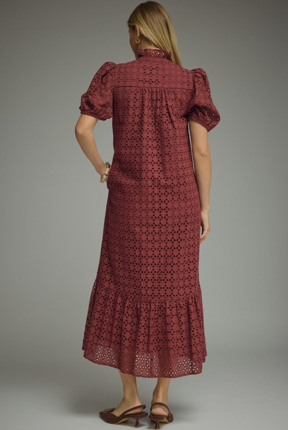 Entro Burgundy Eyelet Puff Sleeve Midi Dress-Midi Dresses-Entro-Deja Nu Boutique, Women's Fashion Boutique in Lampasas, Texas