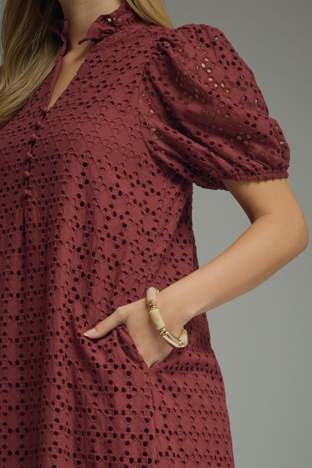 Entro Burgundy Eyelet Puff Sleeve Midi Dress-Midi Dresses-Entro-Deja Nu Boutique, Women's Fashion Boutique in Lampasas, Texas