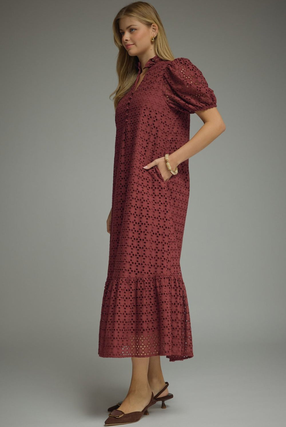 Entro Burgundy Eyelet Puff Sleeve Midi Dress-Midi Dresses-Entro-Deja Nu Boutique, Women's Fashion Boutique in Lampasas, Texas