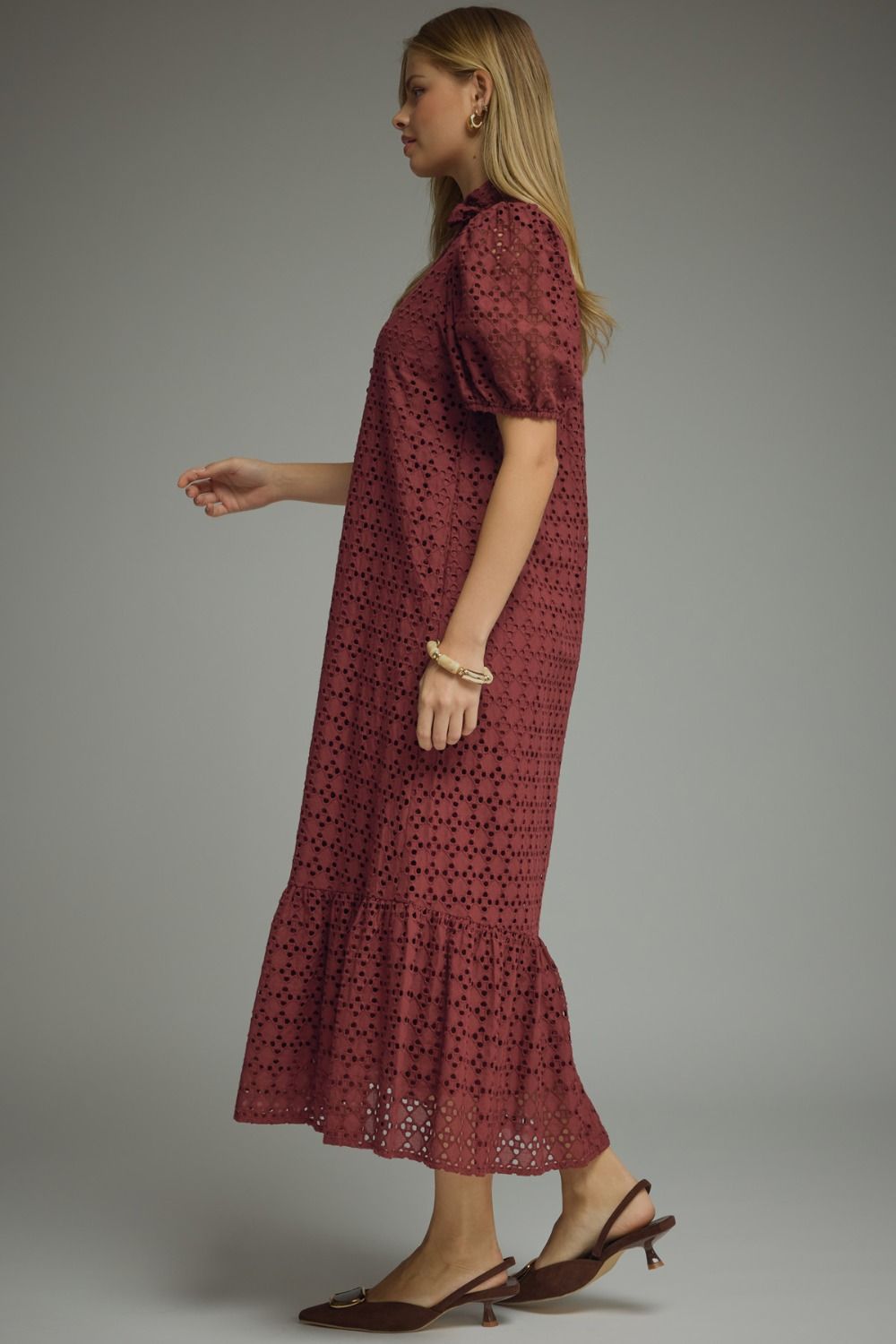 Entro Burgundy Eyelet Puff Sleeve Midi Dress-Midi Dresses-Entro-Deja Nu Boutique, Women's Fashion Boutique in Lampasas, Texas