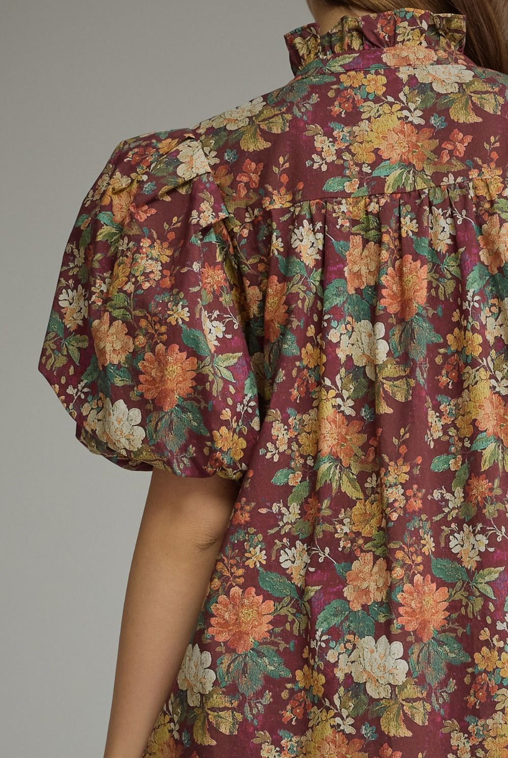 Entro Burgundy Floral Puff Sleeve Mini Dress-mini dress-Entro-Deja Nu Boutique, Women's Fashion Boutique in Lampasas, Texas