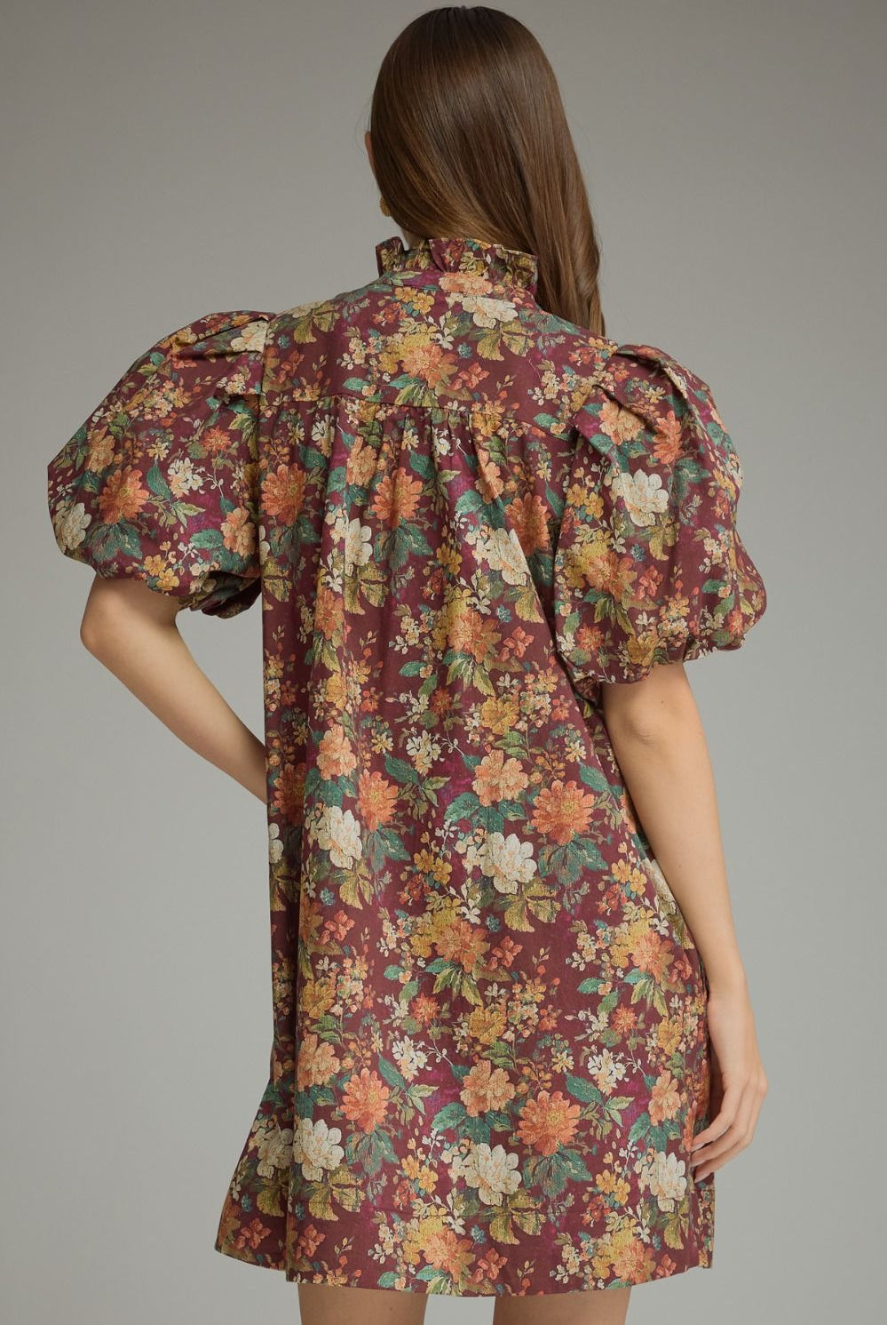 Entro Burgundy Floral Puff Sleeve Mini Dress-mini dress-Entro-Deja Nu Boutique, Women's Fashion Boutique in Lampasas, Texas