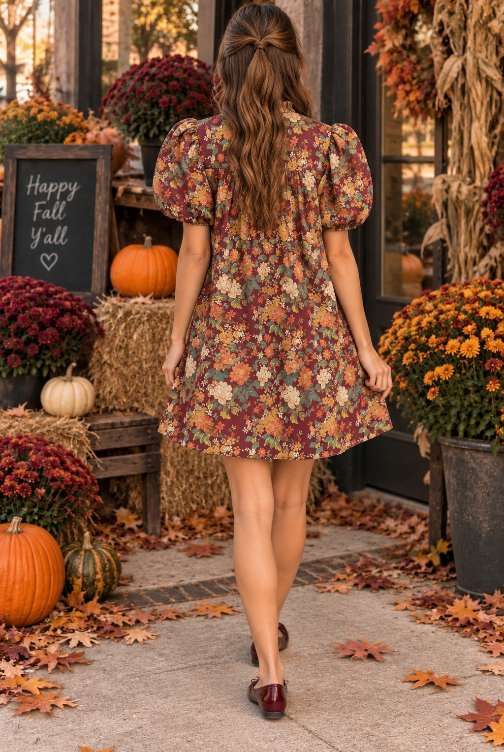 Entro Burgundy Floral Puff Sleeve Mini Dress-mini dress-Entro-Deja Nu Boutique, Women's Fashion Boutique in Lampasas, Texas