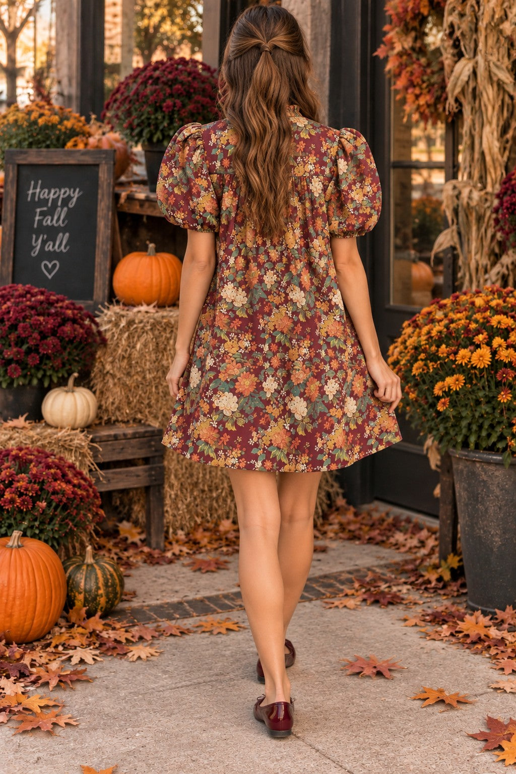 Entro Burgundy Floral Puff Sleeve Mini Dress-mini dress-Entro-Deja Nu Boutique, Women's Fashion Boutique in Lampasas, Texas