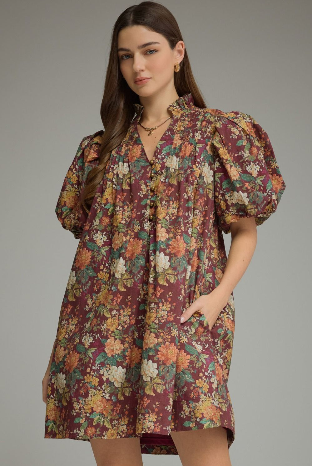 Entro Burgundy Floral Puff Sleeve Mini Dress-mini dress-Entro-Deja Nu Boutique, Women's Fashion Boutique in Lampasas, Texas