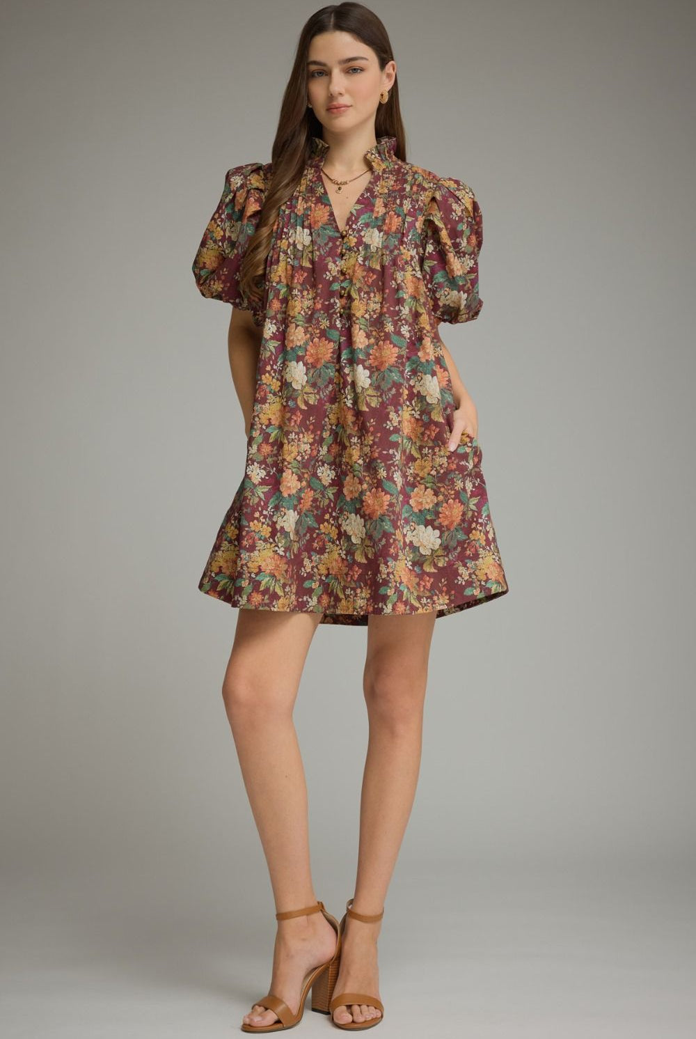 Entro Burgundy Floral Puff Sleeve Mini Dress-mini dress-Entro-Deja Nu Boutique, Women's Fashion Boutique in Lampasas, Texas