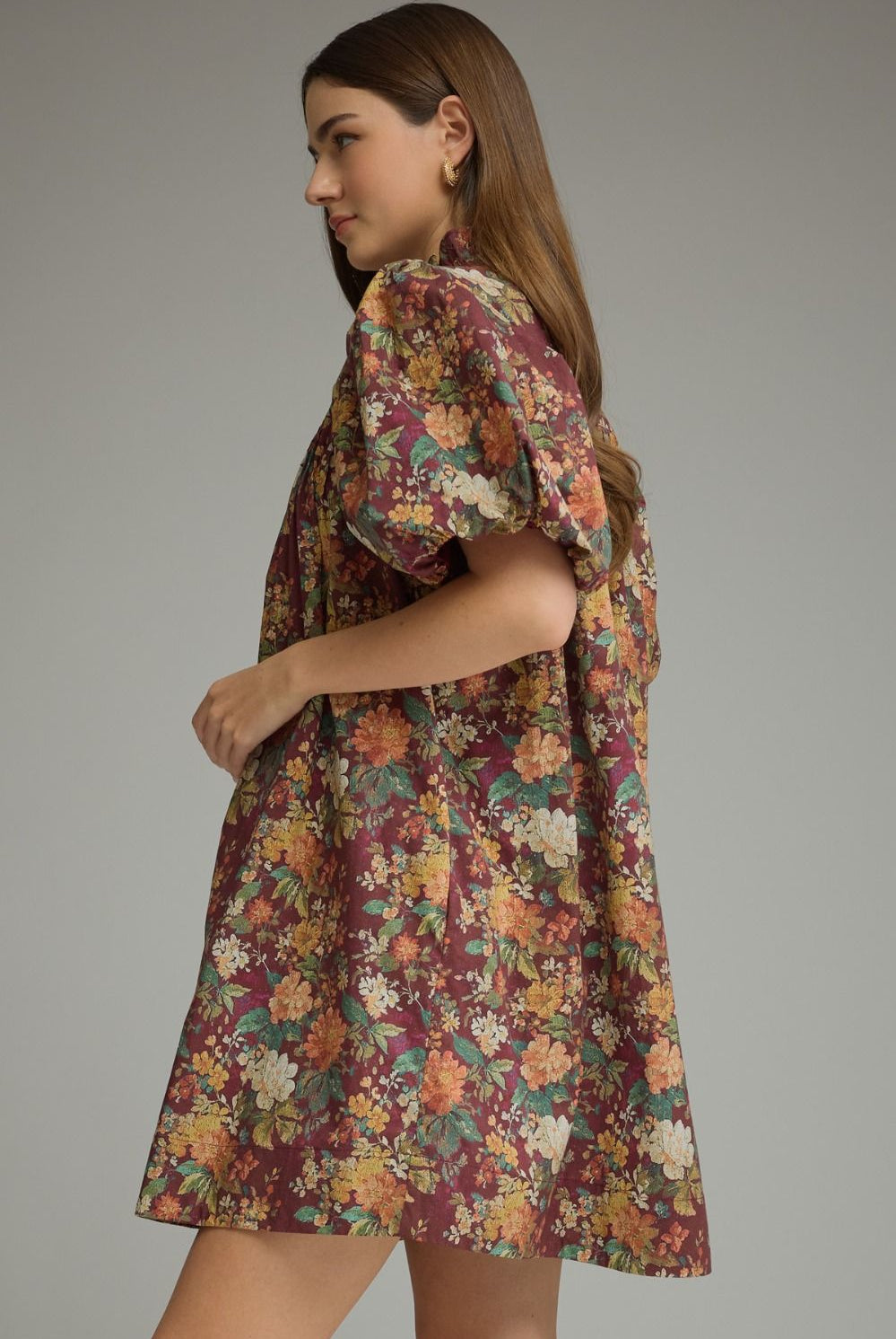 Entro Burgundy Floral Puff Sleeve Mini Dress-mini dress-Entro-Deja Nu Boutique, Women's Fashion Boutique in Lampasas, Texas