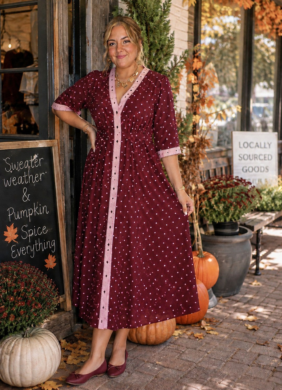 Entro Burgundy & Pink Polka Dot Contrast Trim Midi Dress-Midi Dresses-entro-Deja Nu Boutique, Women's Fashion Boutique in Lampasas, Texas