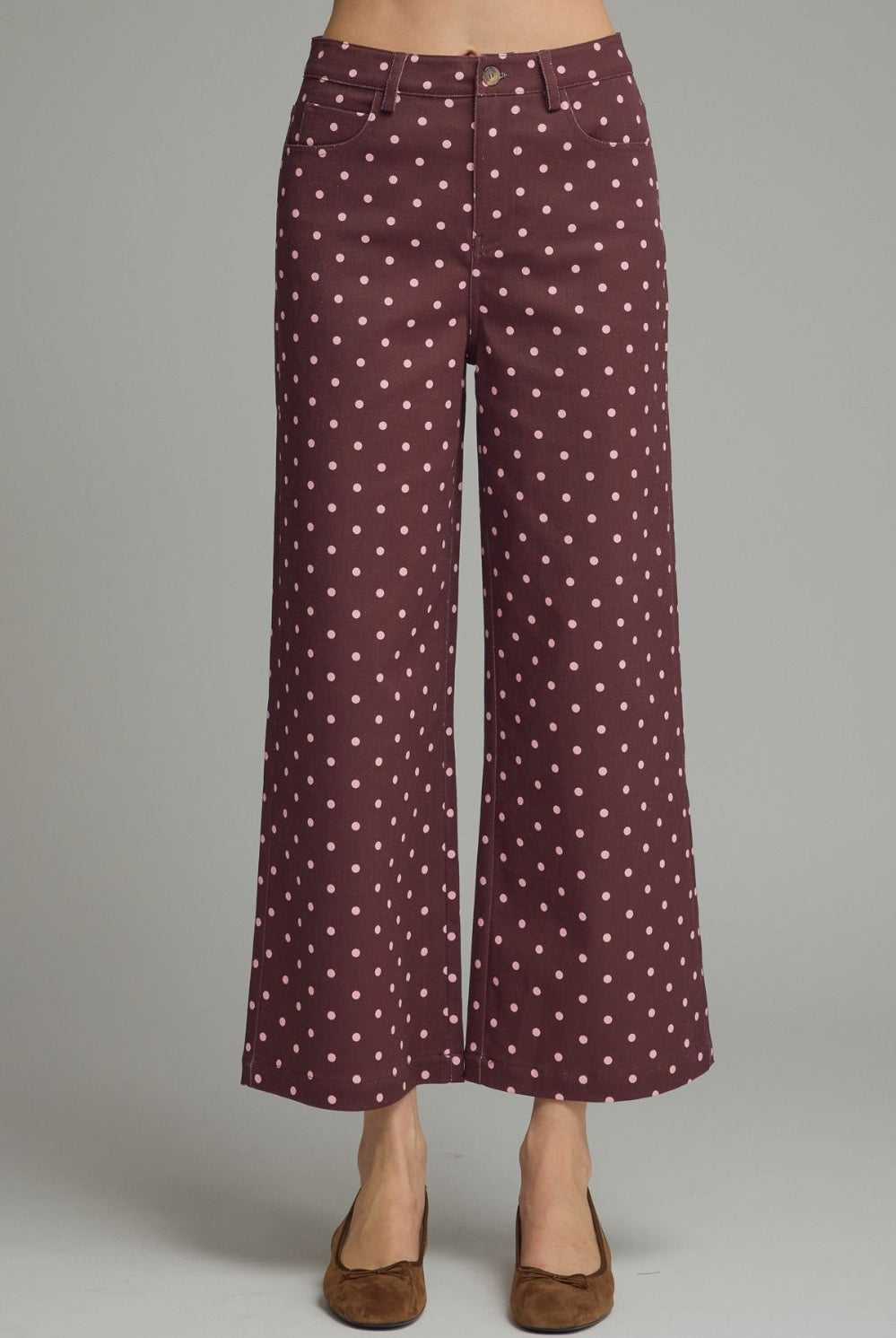 Entro Burgundy Polka Dot Wide Leg Pants-Jeans-Entro-Deja Nu Boutique, Women's Fashion Boutique in Lampasas, Texas