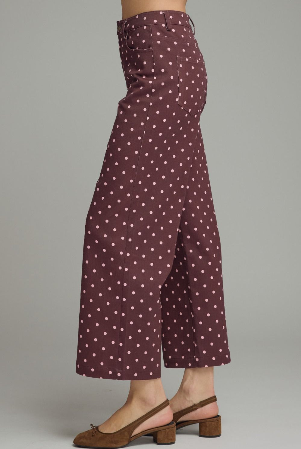 Entro Burgundy Polka Dot Wide Leg Pants-Jeans-Entro-Deja Nu Boutique, Women's Fashion Boutique in Lampasas, Texas