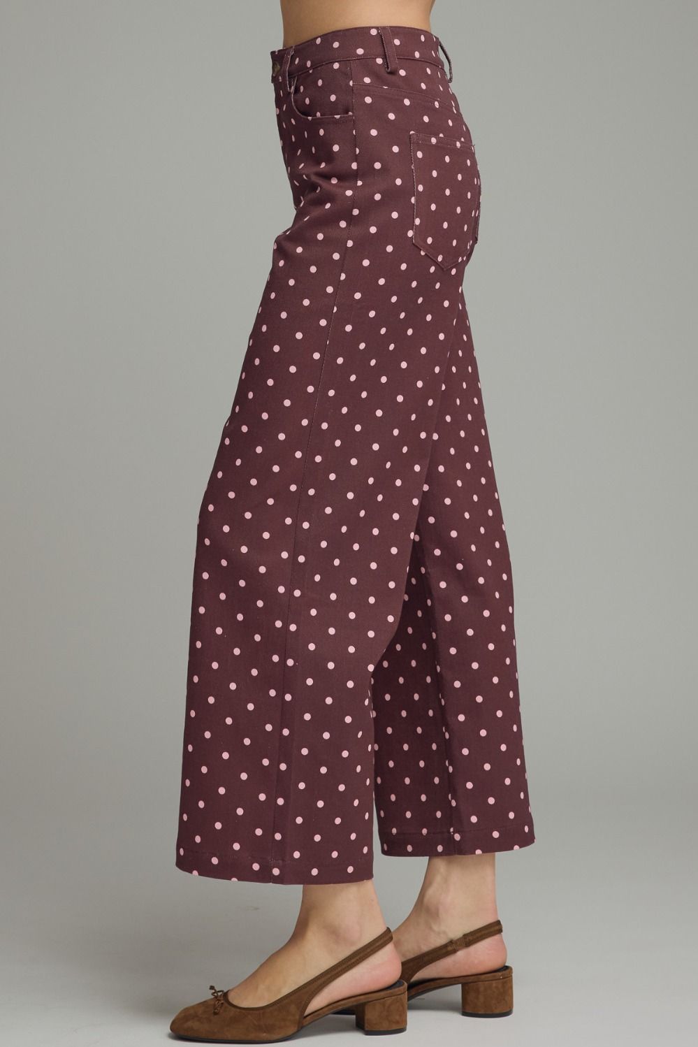 Entro Burgundy Polka Dot Wide Leg Pants-Jeans-Entro-Deja Nu Boutique, Women's Fashion Boutique in Lampasas, Texas