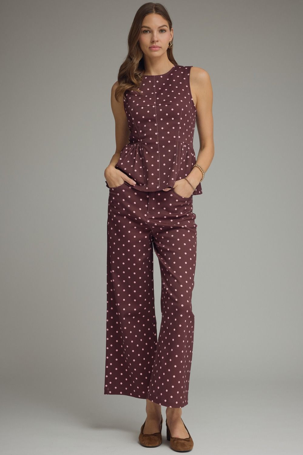 Entro Burgundy Polka Dot Wide Leg Pants-Jeans-Entro-Deja Nu Boutique, Women's Fashion Boutique in Lampasas, Texas