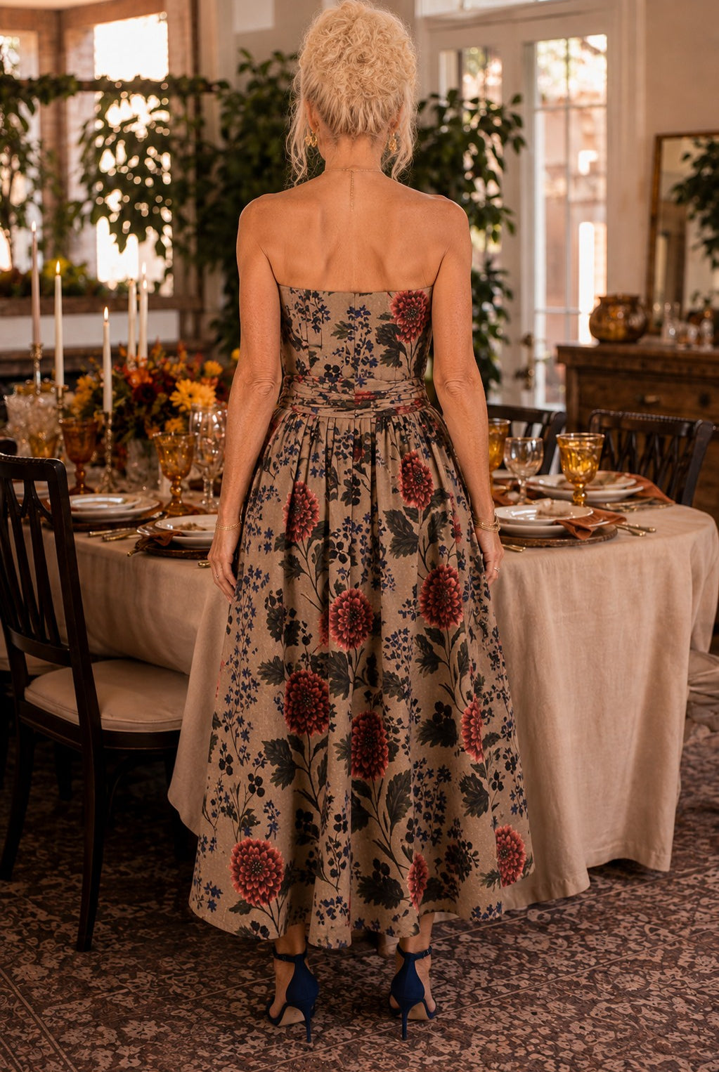 Entro Camel Floral Print Strapless Midi Dress-Midi Dresses-Entro-Deja Nu Boutique, Women's Fashion Boutique in Lampasas, Texas