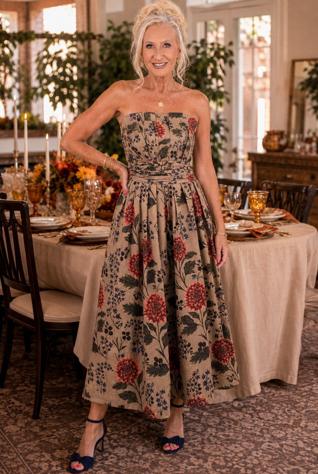 Entro Camel Floral Print Strapless Midi Dress-Midi Dresses-Entro-Deja Nu Boutique, Women's Fashion Boutique in Lampasas, Texas