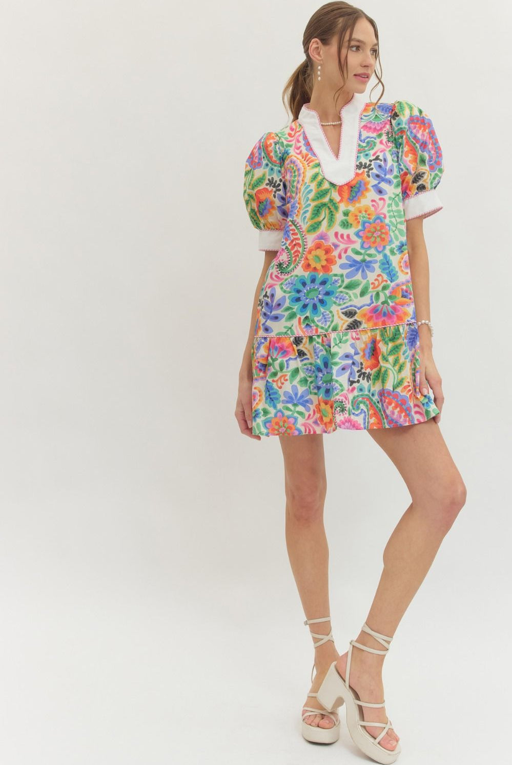 Entro Bright Floral Puff Sleeve Mini Dress-mini dress-Entro-Deja Nu Boutique, Women's Fashion Boutique in Lampasas, Texas