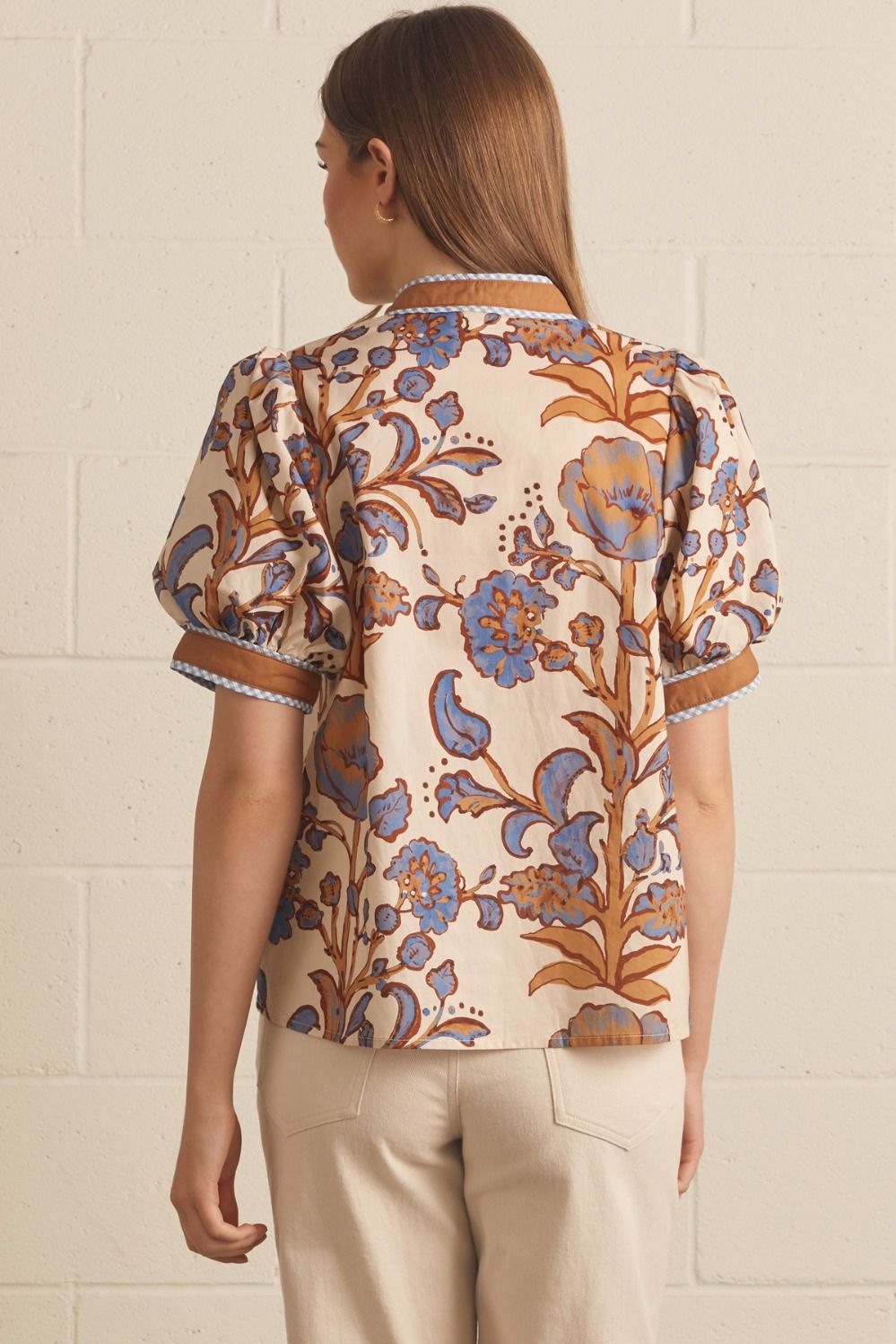 Entro Ecru Floral Puff Sleeve Button Front Top-Tops-entro-Deja Nu Boutique, Women's Fashion Boutique in Lampasas, Texas