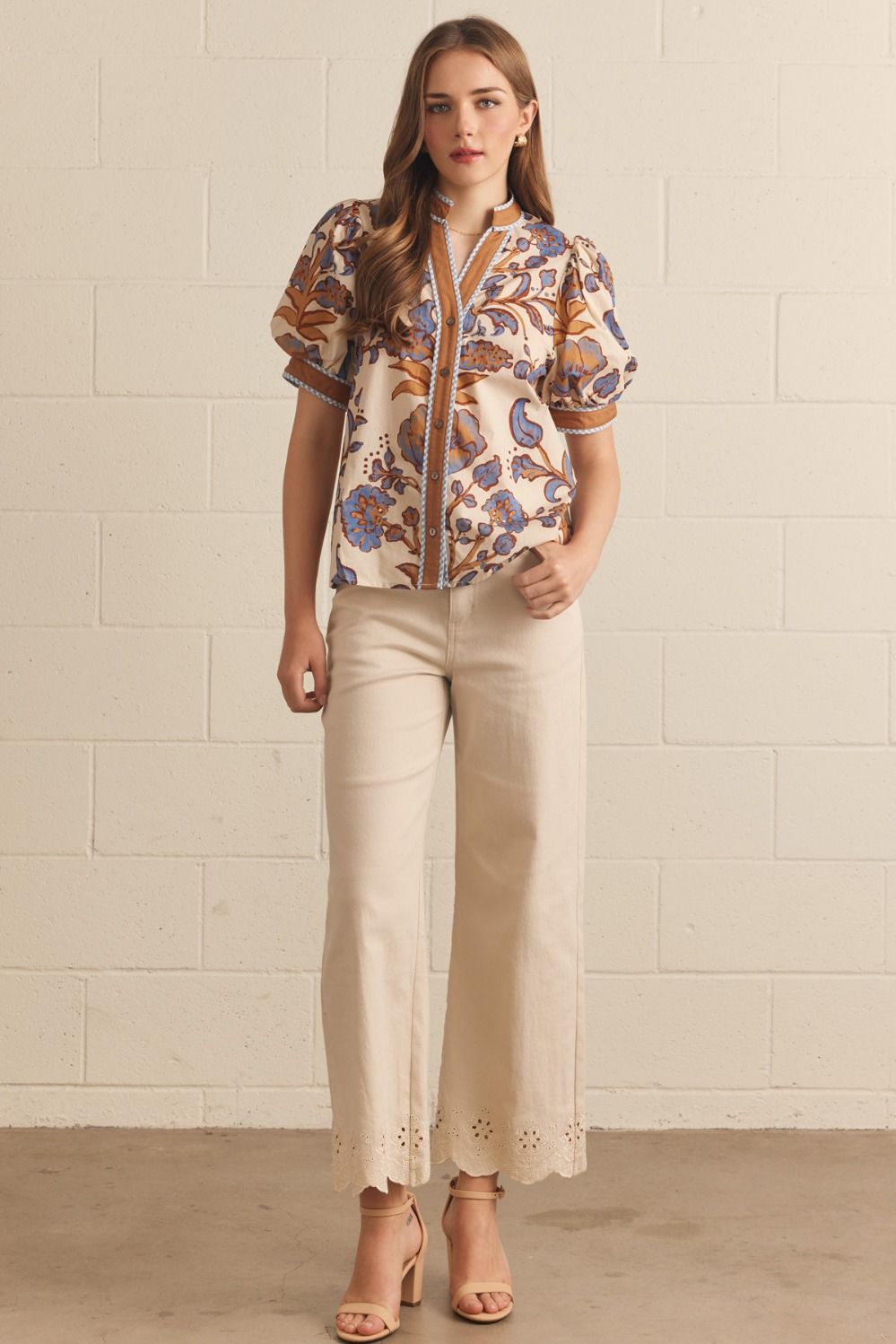 Entro Ecru Floral Puff Sleeve Button Front Top-Tops-entro-Deja Nu Boutique, Women's Fashion Boutique in Lampasas, Texas