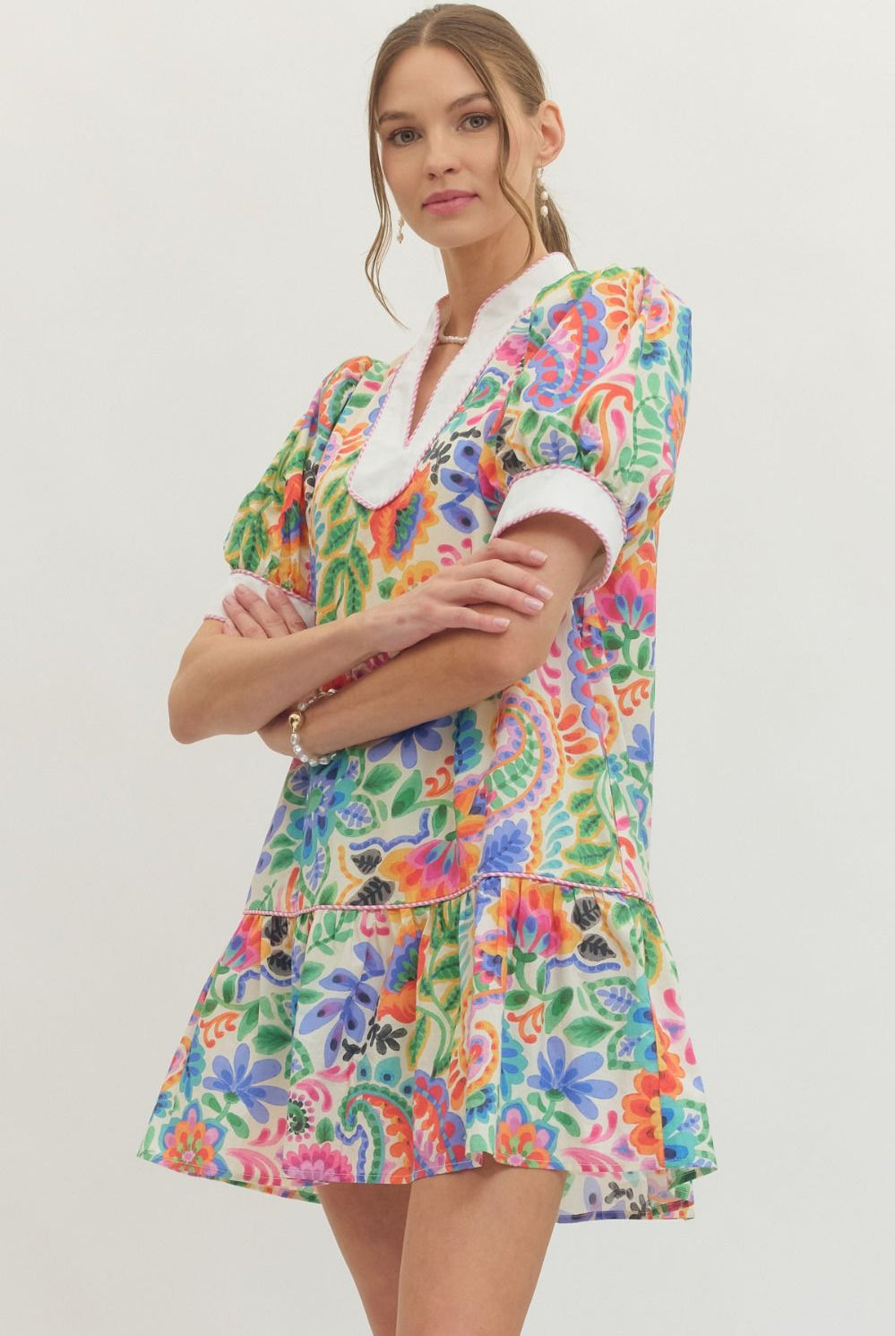 Entro Bright Floral Puff Sleeve Mini Dress-mini dress-Entro-Deja Nu Boutique, Women's Fashion Boutique in Lampasas, Texas