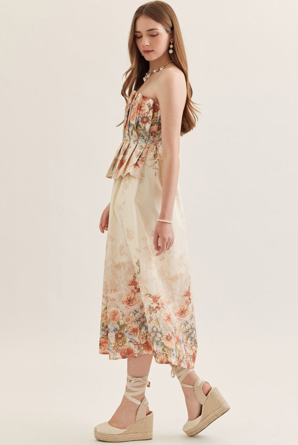 Entro Rose Multi Floral Strapless Midi Dress-Midi Dresses-Entro-Deja Nu Boutique, Women's Fashion Boutique in Lampasas, Texas