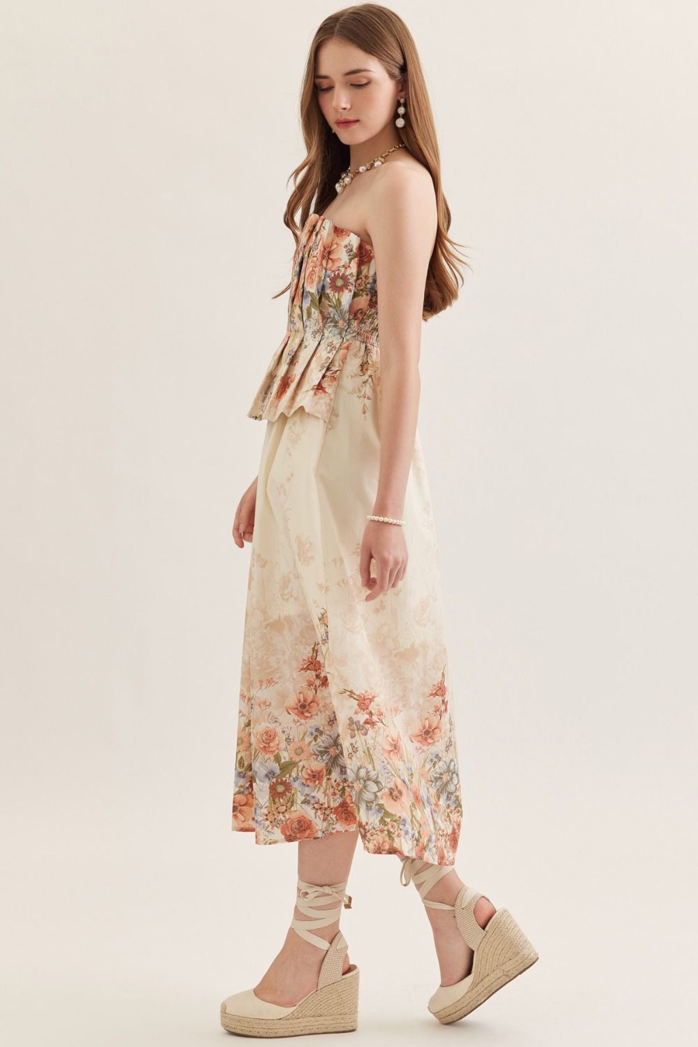 Entro Rose Multi Floral Strapless Midi Dress-Midi Dresses-Entro-Deja Nu Boutique, Women's Fashion Boutique in Lampasas, Texas