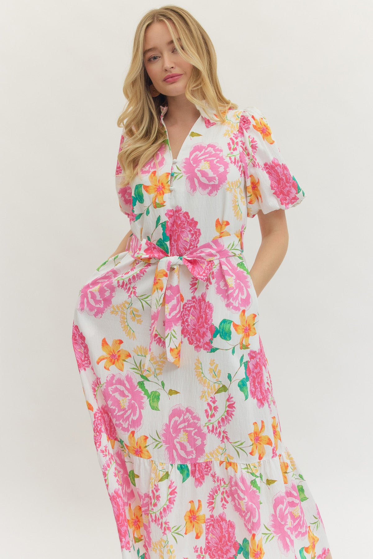 Entro Floral Print Puff Sleeve Midi Dress – Pink Multi-Midi Dresses-entro-Deja Nu Boutique, Women's Fashion Boutique in Lampasas, Texas