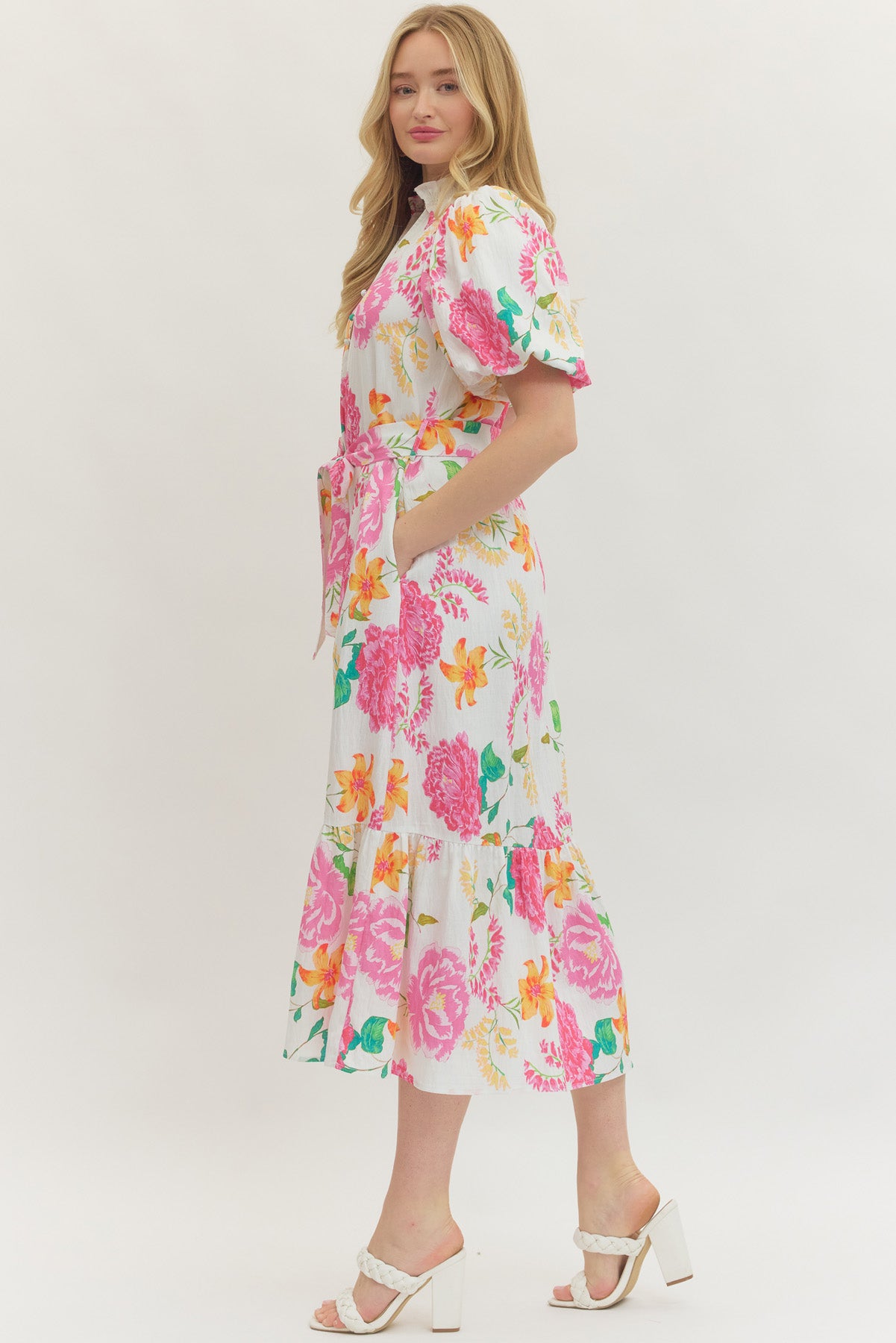 Entro Floral Print Puff Sleeve Midi Dress – Pink Multi-Midi Dresses-entro-Deja Nu Boutique, Women's Fashion Boutique in Lampasas, Texas