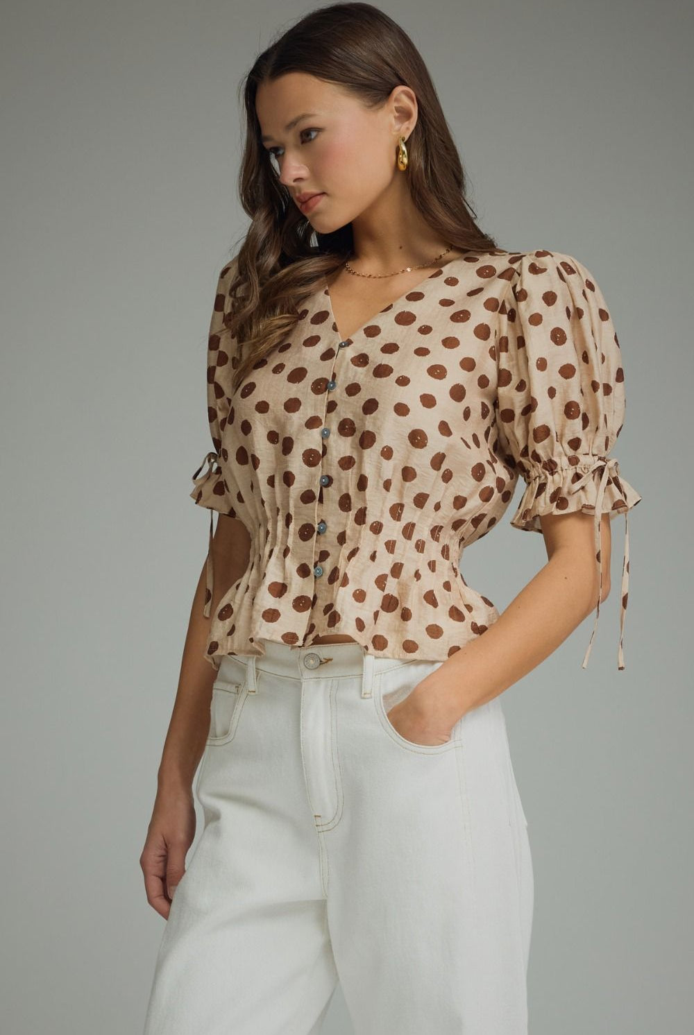 Entro Mocha Polka Dot Smocked Peplum Top-shirts-entro-Deja Nu Boutique, Women's Fashion Boutique in Lampasas, Texas