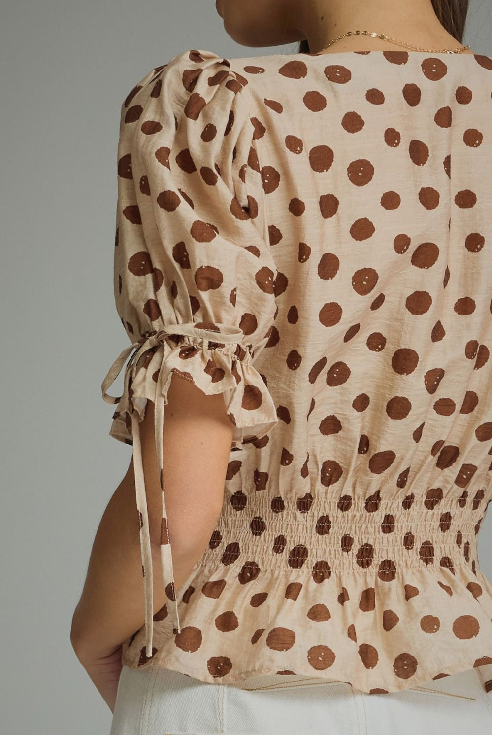 Entro Mocha Polka Dot Smocked Peplum Top-shirts-entro-Deja Nu Boutique, Women's Fashion Boutique in Lampasas, Texas