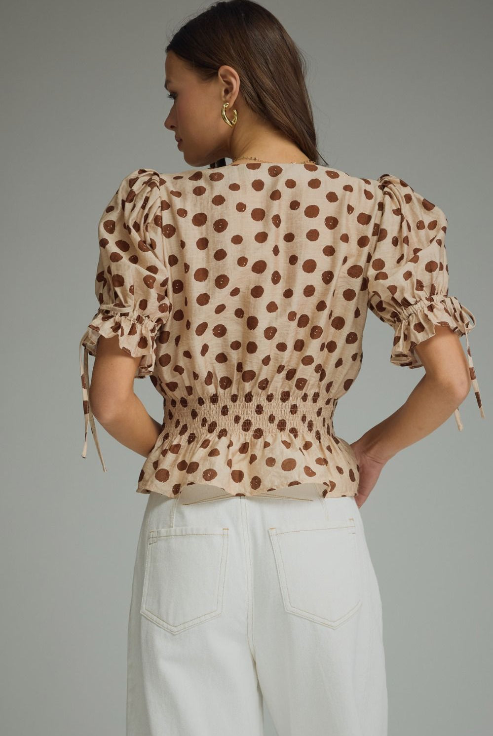 Entro Mocha Polka Dot Smocked Peplum Top-shirts-entro-Deja Nu Boutique, Women's Fashion Boutique in Lampasas, Texas